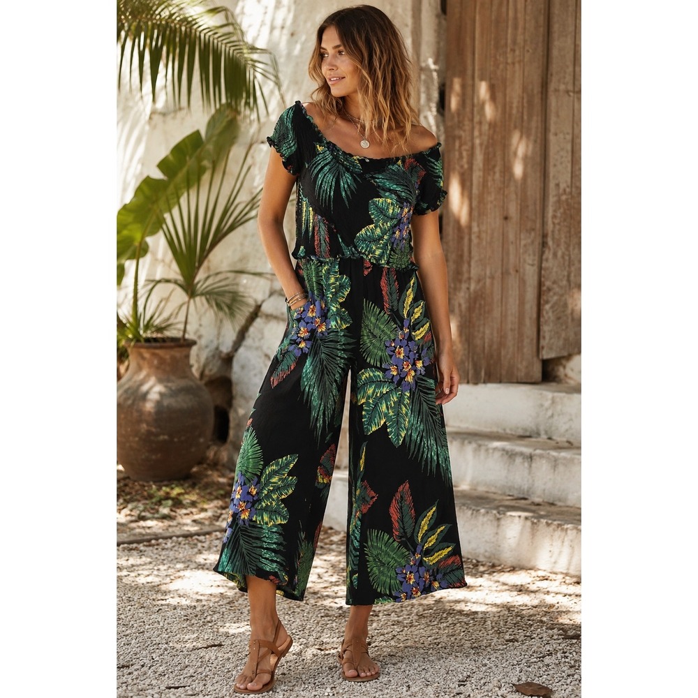 Patrons Of Peace L Tropical Floral Wide Leg Jumpsuit Black Rayon Off Shoulder